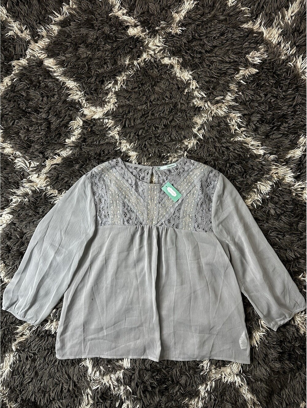 NWT Maurices Womens Large Grey Lace Yoke Embroidered Boho Sheer Blouse Top